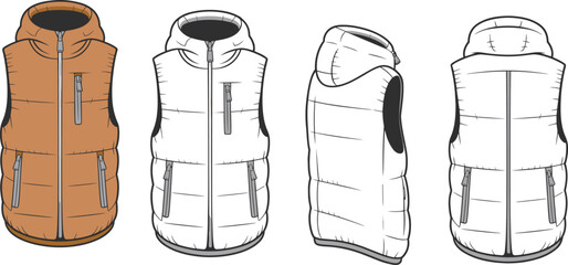 Four puffer vests shown in different views with orange and white color variations and detailed stitching © Icons World