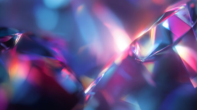 Close-up abstract image of colorful crystalline structures with vibrant purple, blue, and pink light reflections.