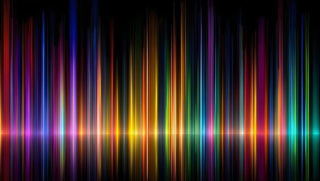Abstract vertical light beams in rainbow colors with strong reflections on dark background, energetic glowing lines creating sound wave or equalizer effect, vibrant technology backdrop