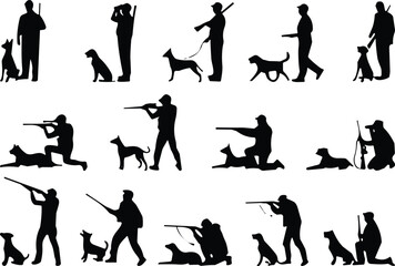 Hunter silhouettes with dogs, rifle shooting icons, outdoor hunting illustration, wildlife sport design, training companion animals, forest adventure, nature activity concept © MDMAHOMUDUL