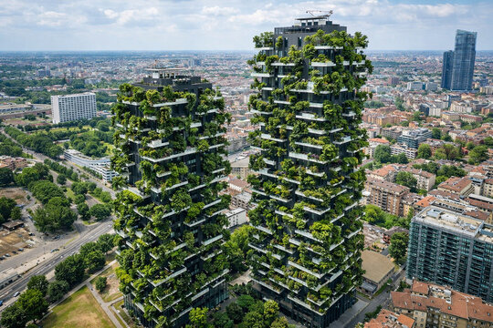 Milan, Italy - march 05, 2026: Bosco Verticale residential towers covered with lush vegetation in Milan, Italy, innovative green architecture integrating nature and urban living.