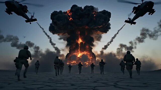 Military soldiers retreating from fire explosion with helicopters in desert combat zone cinematic