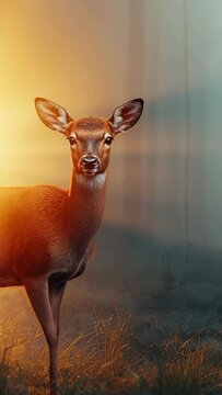 Vertical video: Entering from left adult doe stepping through woods, grasses, trees, mist, sunlight