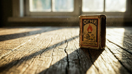 Small, worn matchbox labeled "lights" sits alone on rustic wood. Cyrillic script and flame iconography adorn its vintage packaging. Window light streams across the textured floor, creating soft patter