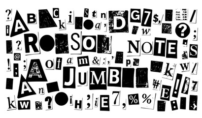 Fototapeta premium alphabet letters and numbers Ransom Note Style Cut-Out Letters Numbers and Symbols Collage Isolated on White Background