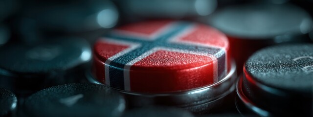 Button with Norway flag design among other buttons in a close-up shot on a dark surface