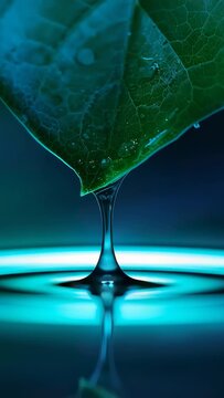 Vertical video: Drop forming on pointed leaf tip, tension releasing, falling into teal pool, rising