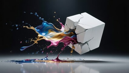 Abstract White Cube Breaking Apart with Vibrant Liquid Paint Splashes in Blue Gold and Pink