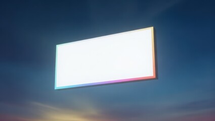 Glowing Blank Billboard Floating in a Dusk Sky with Colorful Gradient Border and Blue Background