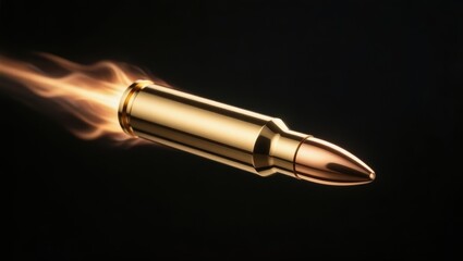 High speed rifle bullet with fire motion trail flying through the air on black background