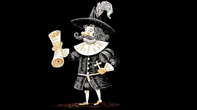 17th Century Nobleman in Vibrant Renaissance Attire: Vintage Illustration of Humorous Art with Feathered Hat and Scroll Document on Black Background