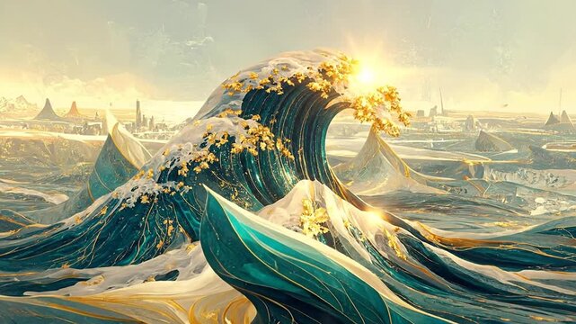 Abstract artwork featuring stylized waves with gold accents, set against a serene background.