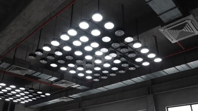 Modern ceiling lights illuminate a spacious industrial interior with exposed ductwork