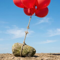Red Balloons Tied with Frayed Rope Lifting a Heavy Rock on Cracked Dry Ground under Blue Sky