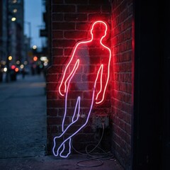 Glowing red and white neon figure art installation on an outdoor brick wall in the city at night.