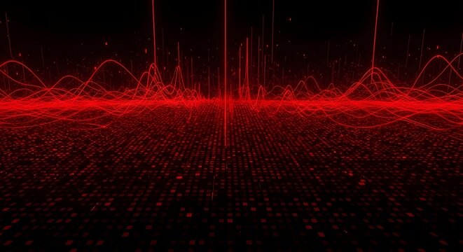 Abstract digital red light waveform visualization in dark background