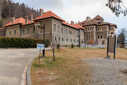 Large building with a sign, Cantacuzino Castle. December 15, 2024 Busteni Romania