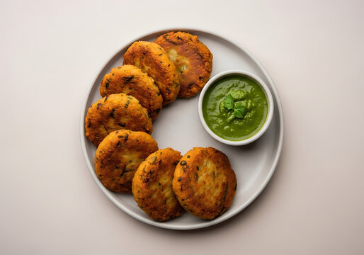 Platter of seven crispy Indian potato patties known as aloo tikki with a side of spicy green cilantro chutney. Authentic vegetarian snack and party appetizer on a neutral background.