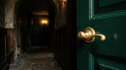 Close-up of a Brass Handle on a Dark Green Door Leading to a Mysterious Dimly Lit Old Hallway