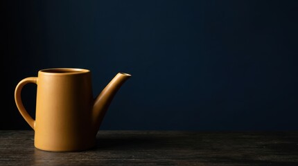 Elegant Yellow Ceramic Tea Pot Still Life on Dark Wood Surface Against Moody Blue Wall
