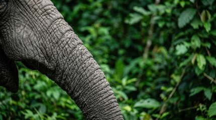 Close-up View of a Wild Elephant Trunk Showing Wrinkled Skin Texture in Lush Green Jungle