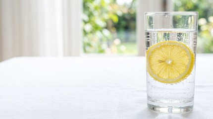 Refreshing Glass of Carbonated Mineral Water with Lemon Slice on White Tablecloth in Bright Room