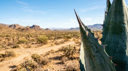 Close-up of Sharp Agave Spines in Foreground with a Sun-Drenched Desert Landscape Background.