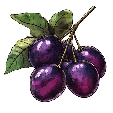 Ripe purple jambolan fruit cluster with green leaves isolated on transparent background