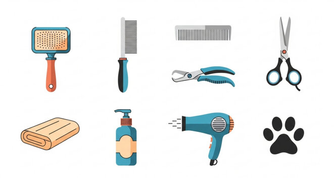 Pet grooming tools and accessories for dog care including brushes combs scissors nail clippers towels shampoo and a hair dryer