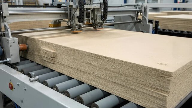 Medium shot of industrial machinery assembling thin MDF mats showcasing precise layering and alignment for quality panel formation.