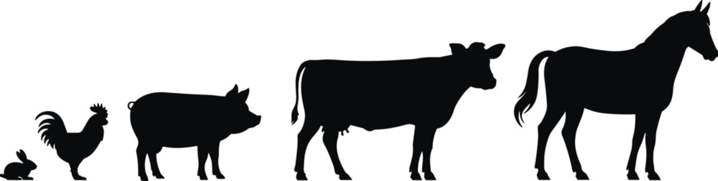 Farm animal silhouettes collection, rabbit chicken pig cow horse icons set, livestock animals vector illustration, agriculture farming animal symbol pack