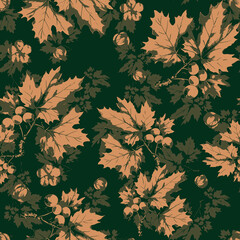 Fototapeta premium Autumn Maple Leaf Berry Branch Seamless Pattern Botanical Dark Green Orange