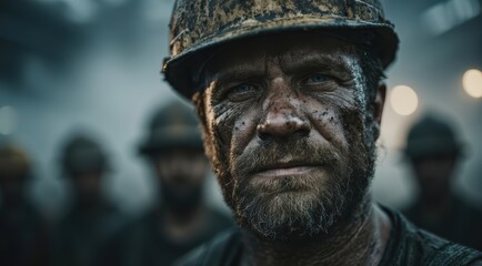 Portrait of a rugged, middle-aged worker with a soot-covered face in an industrial environment