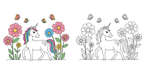 Obraz premium Coloring book page for kids featuring a cute magical unicorn standing among flowers and butterflies, with a colorful painted version and a black and white line art outline.