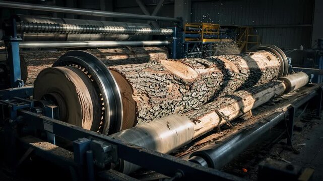 High contrast medium shot focusing on logs moving through spinning debarker drums highlighting shadows and light patterns on textured bark in an efficient processing line.