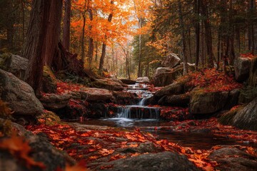 Vibrant autumn forest scene with a rocky stream cascading through a bed of red-orange leaves