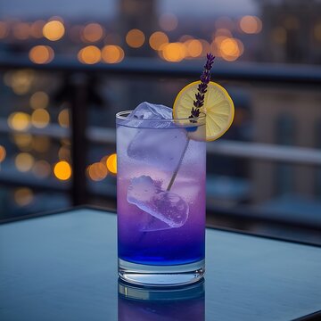 Lavender Blue Gin & Tonic: A color-shifting gin and tonic using butterfly pea flower gin, set on a glass-topped rooftop table. ,Natural blue-to-purple gradient. Large clear ice, tonic bubbles, lavende