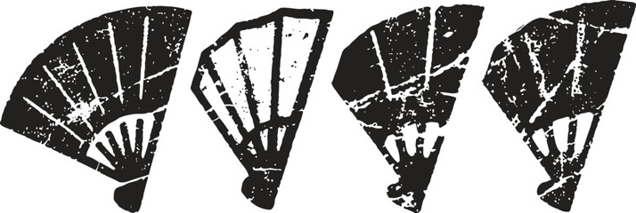 vintage japanese hand fans illustration in black ink, traditional cultural artwork set