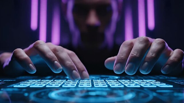 The hands of a mysterious hacker type on a glowing virtual keyboard in a dark room with purple backlighting.