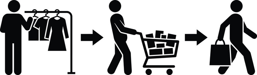 Retail shopping process icons showing customer choosing clothes, pushing cart with products and leaving store with shopping bag silhouette © World_Of_Vector