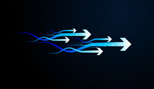 Modern digital Sleek arrows stream forward across a dark grid, symbolizing digital technology driving quantum increase and long-term success. and Flowing blue arrows