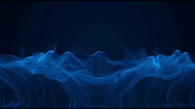 Dynamic abstract patterns of glowing blue fluid or smoke ascend gracefully against a dark, mysterious background.