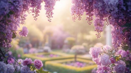 Fototapeta premium Luxurious Regency Era Garden with Wisteria and Roses. Enchanting Floral Frame of Pink Flowers in Sunny English Park. Bridgerton Aesthetic Background