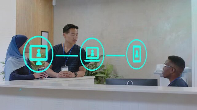 Vertical video: 3 teal circuit icons pulsing on scan linking left PC center PC right phone for IT