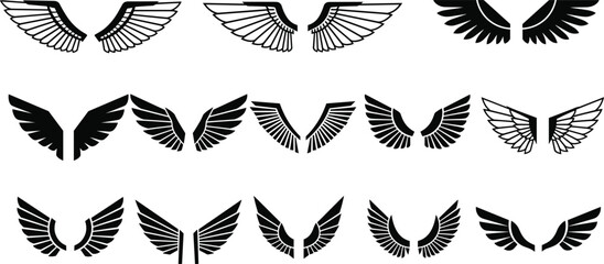 Abstract wing icons collection, black bird wings silhouettes set, angel wing logo elements, heraldic feather wings symbols, tattoo style vector wing designs © Ideasy Mind