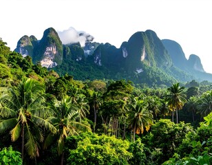 Fototapeta premium Lush tropical scene featuring towering limestone cliffs, a dense rainforest canopy, and palm trees under an overcast sky