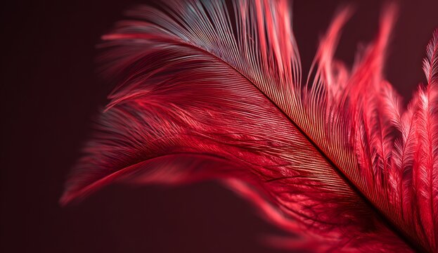 Vibrant red feather close up with intricate details against muted red background highlighting delicate barbules and soft texture macro photography of elegant bird plumage