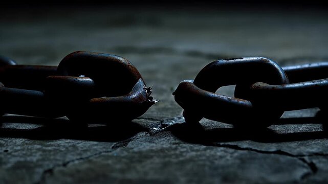 Broken chain on cracked concrete shows a moment of separation and strength as metal parts lay apart in a darkened environment