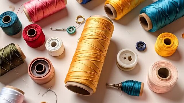 Colorful spools of thread and sewing accessories arranged on a neutral background, top view.