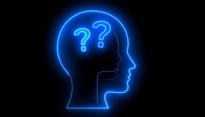 Neon glowing blue outline of a human head in profile with three question marks inside on a black background.